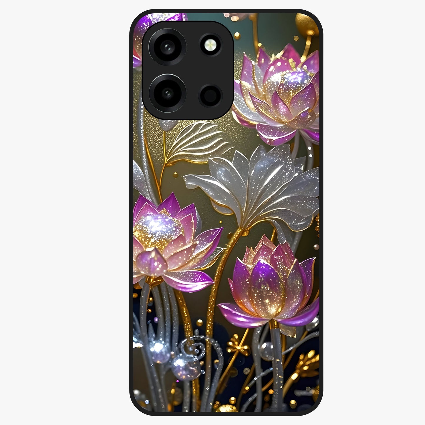 Golden Lotus Glow Glass Case showing flat back view with glowing lotus flower artwork and glossy glass finish.