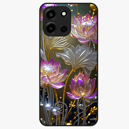 Golden Lotus Glow Glass Case showing flat back view with glowing lotus flower artwork and glossy glass finish.