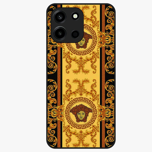 Golden Royal Heritage Glass Case showing flat back view with ornate royal pattern artwork and glossy glass finish.