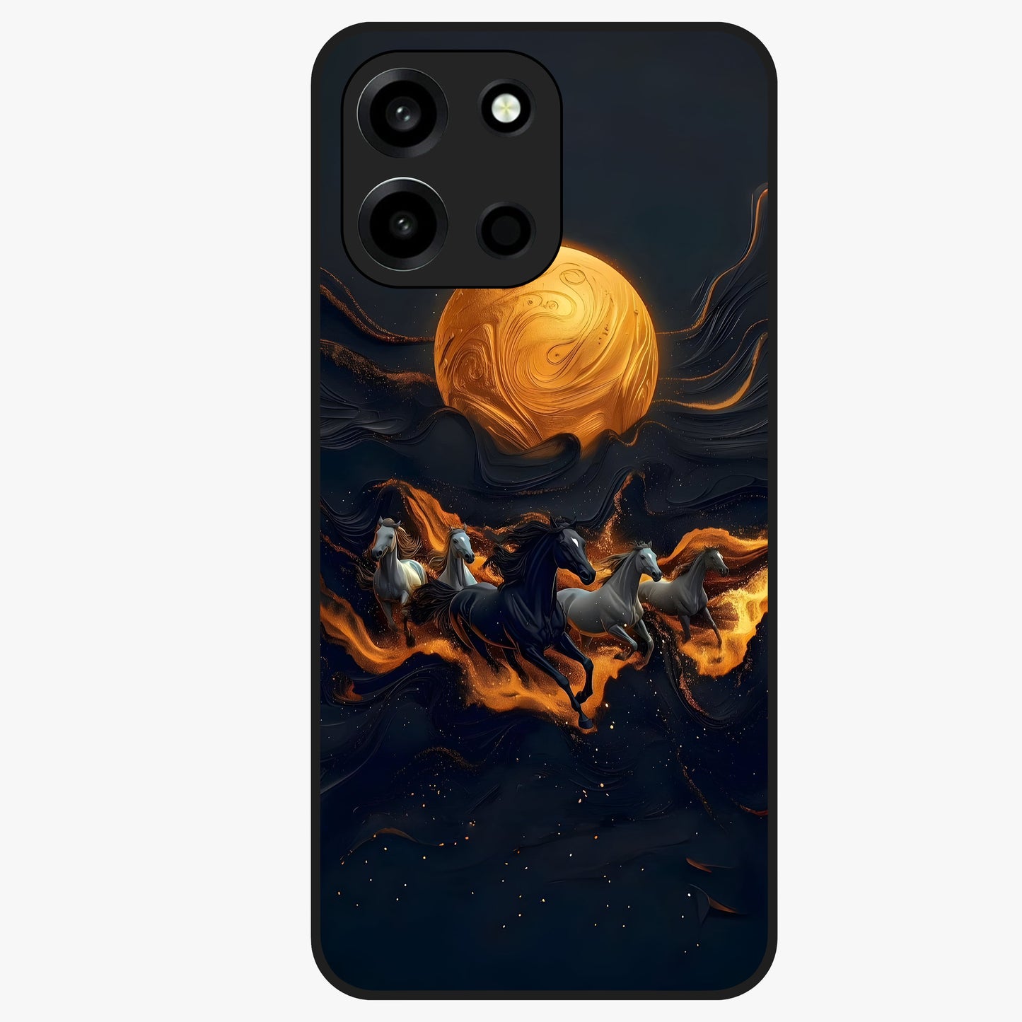 Golden Sun Majesty Glass Case showing flat back view with radiant golden sun artwork and glossy glass finish.
