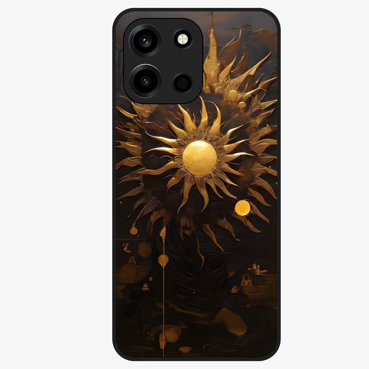 Golden Sun Majesty Glass Case showing flat back view with radiant golden sun artwork and glossy glass finish.