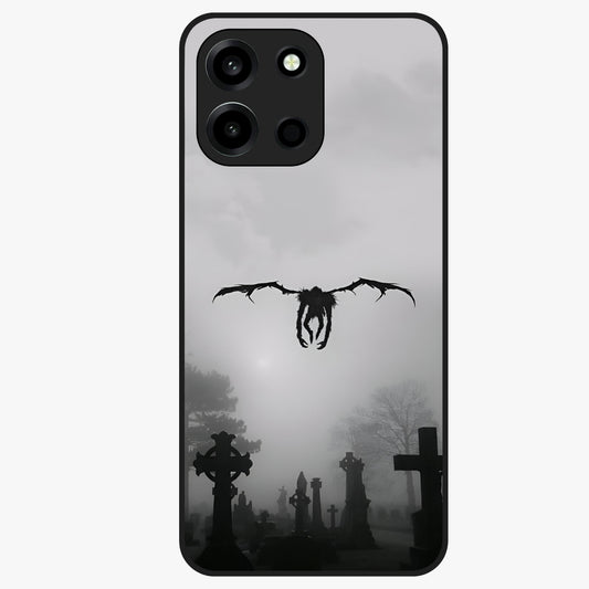 Graveyard Shadow Descent Glass Case showing flat back view with dark graveyard themed artwork and glossy glass finish.