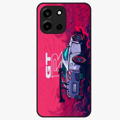 GT-R Car Pattern Glass Case showing flat back view with sporty car inspired pattern artwork and glossy glass finish.