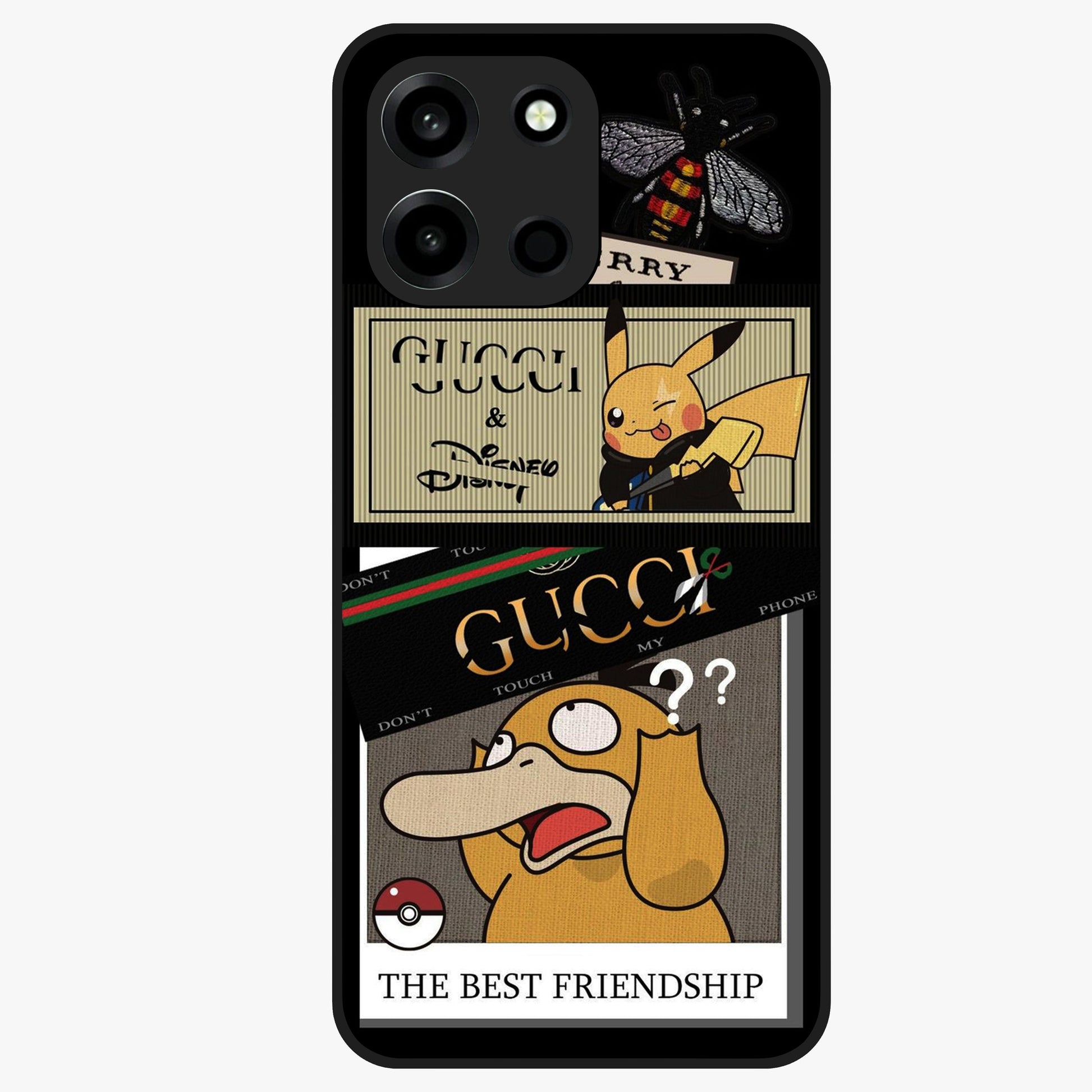 Gucci Play Mashup Glass Case showing flat back view with luxury inspired graphic artwork and glossy glass finish.