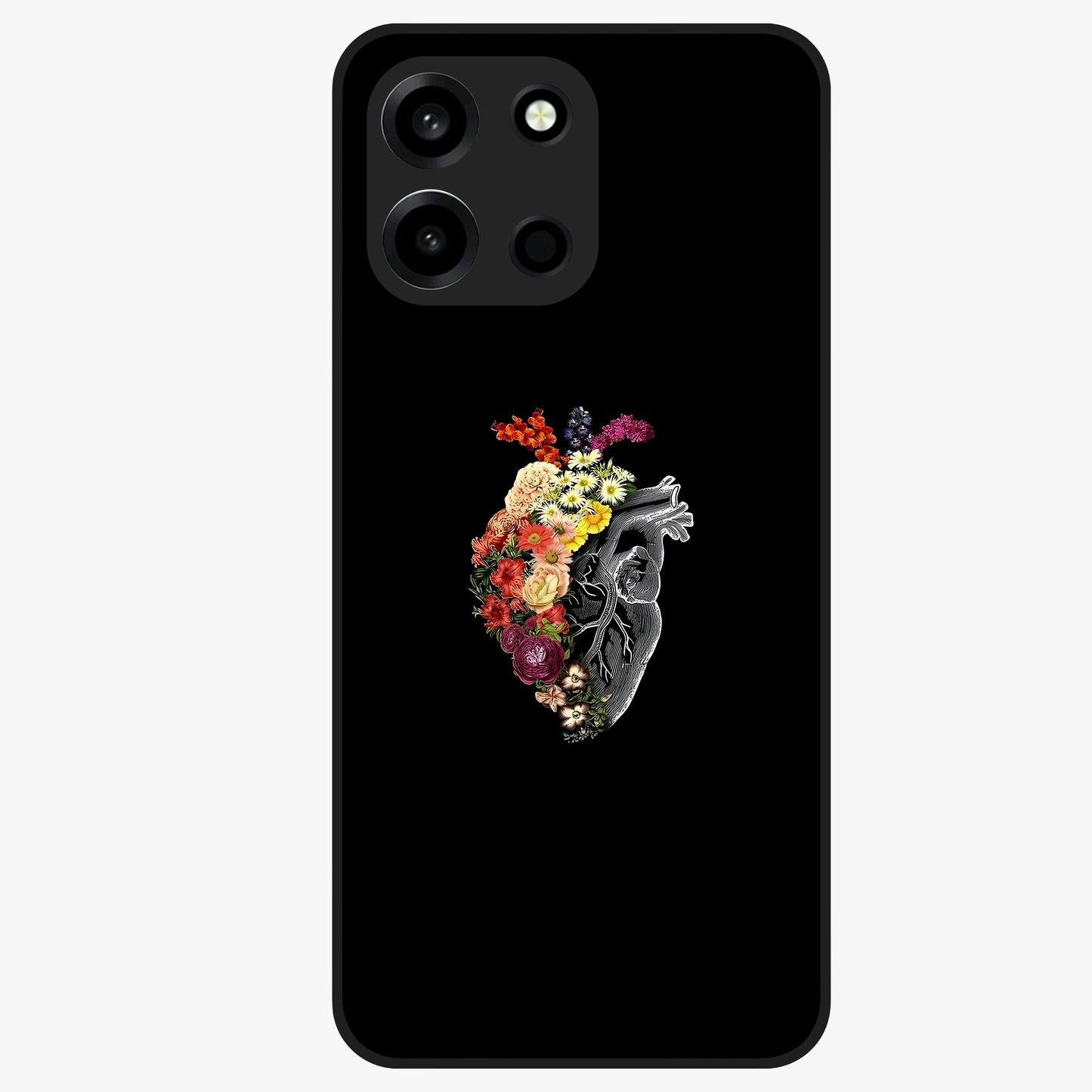 Heart With Flowers Glass Case showing flat back view with heart shaped floral artwork and glossy glass finish.