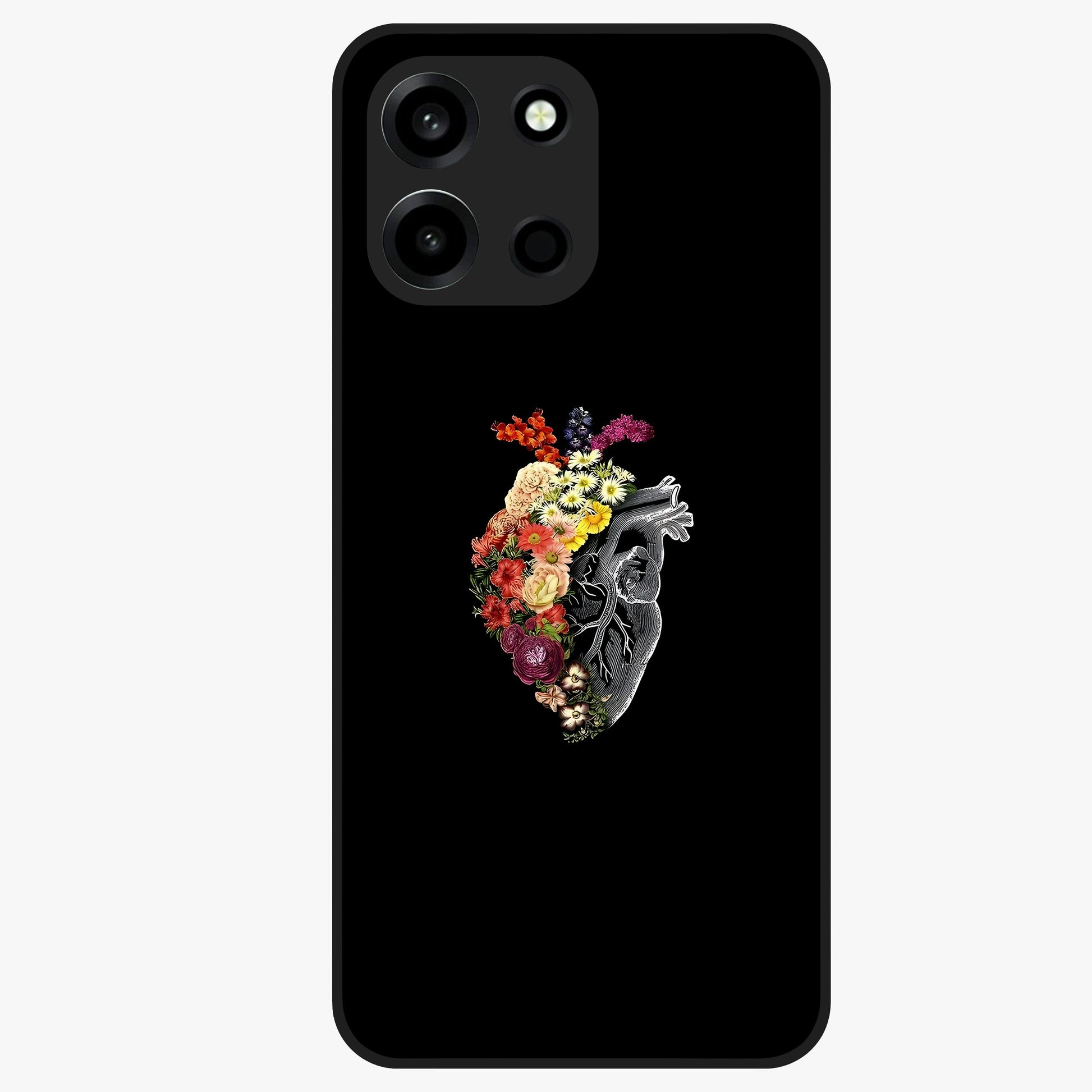 Heart With Flowers Glass Case showing flat back view with heart shaped floral artwork and glossy glass finish.