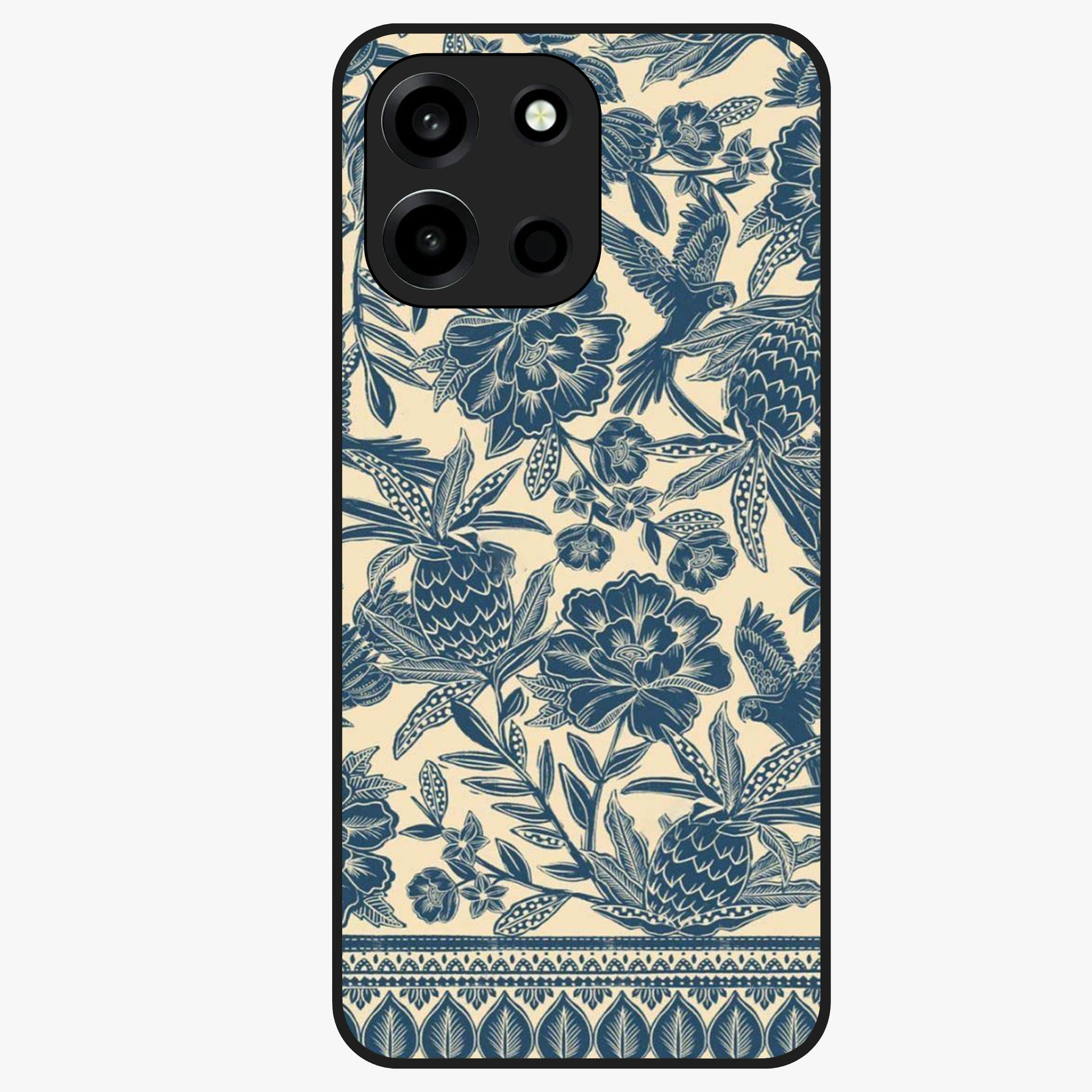 Heirloom Wild Bloom Glass Case showing flat back view with vintage inspired wild flower artwork and glossy glass finish.