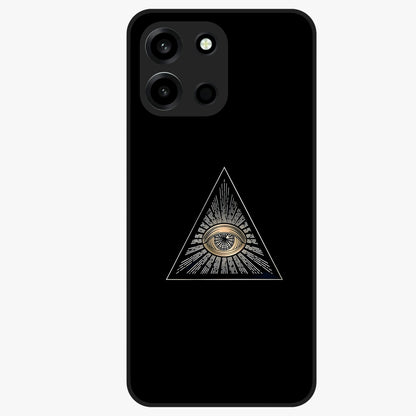 Illuminati Evil Glass Case showing flat back view with mysterious illuminati symbol artwork and glossy glass finish.