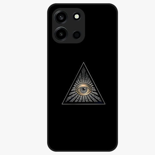 Illuminati Evil Glass Case showing flat back view with mysterious illuminati symbol artwork and glossy glass finish.