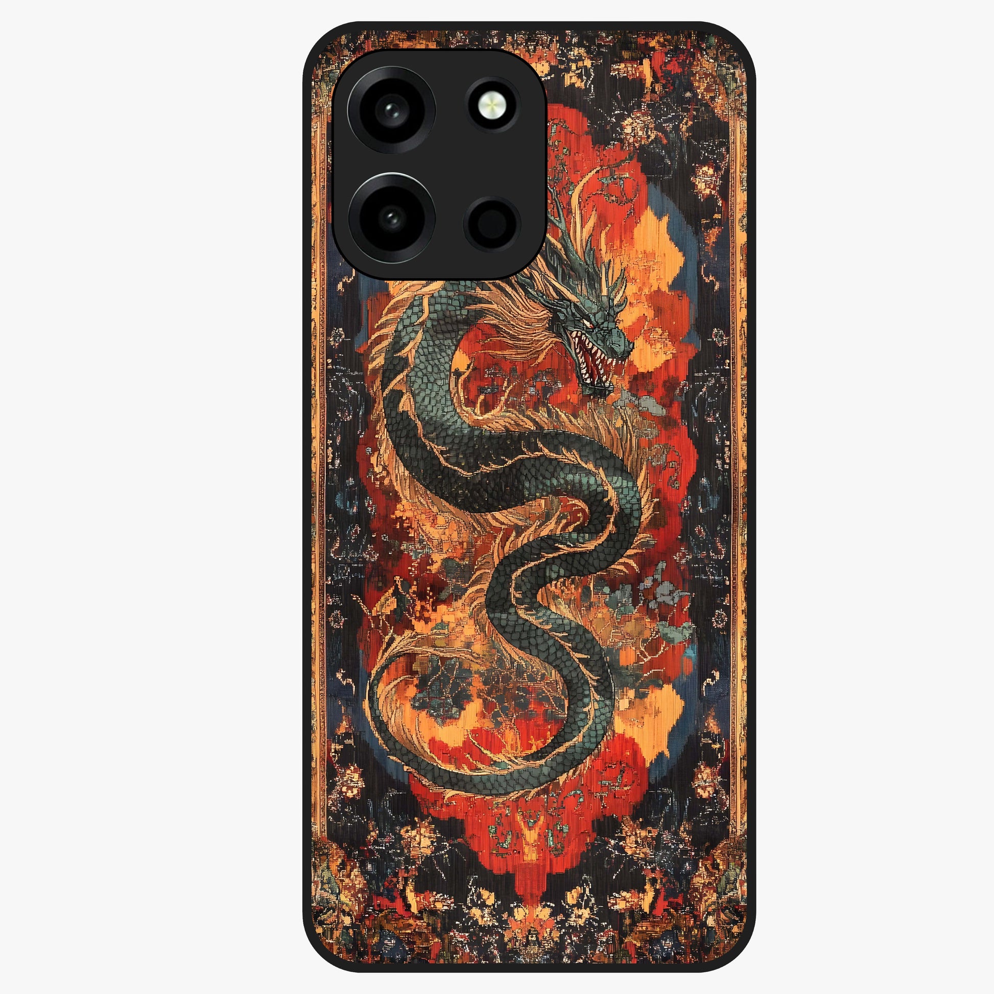 Inferno Dragon Soul Glass Case showing flat back view with fiery dragon artwork and glossy glass finish.