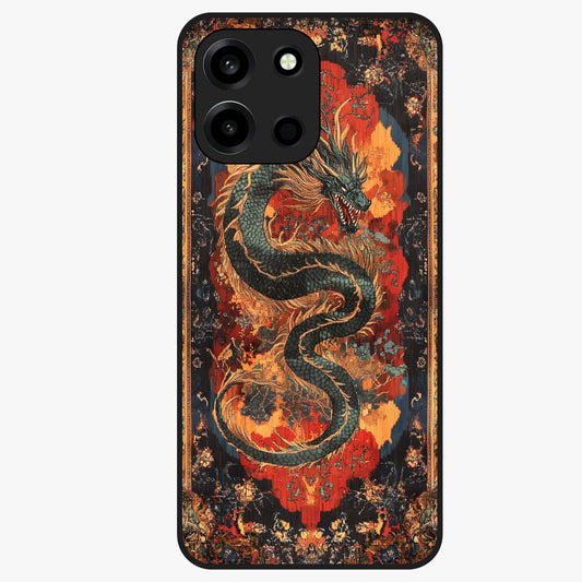 Inferno Dragon Soul Glass Case showing flat back view with fiery dragon artwork and glossy glass finish.