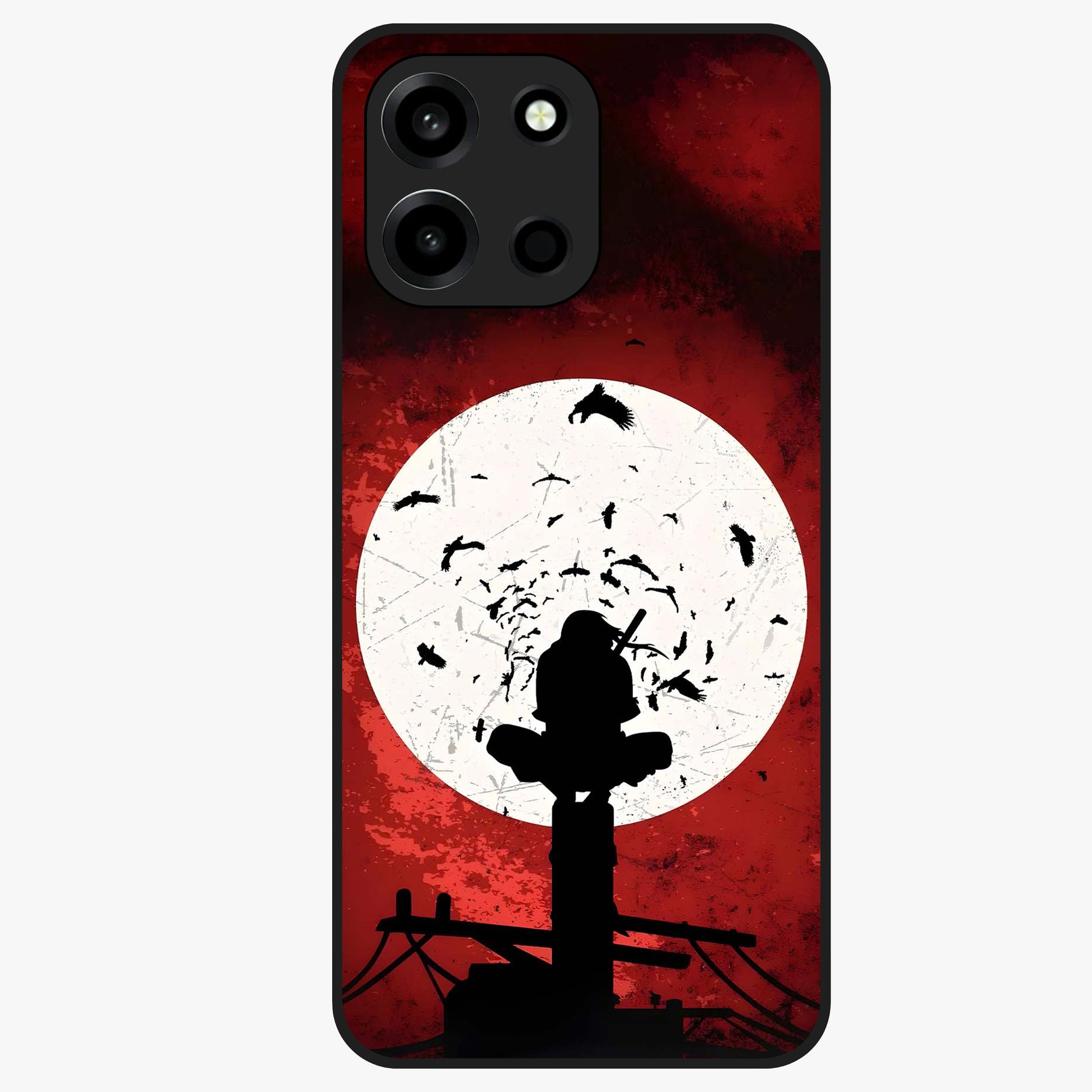 Itachi Sharingan Glass Case showing flat back view with powerful anime eye artwork and glossy glass finish.