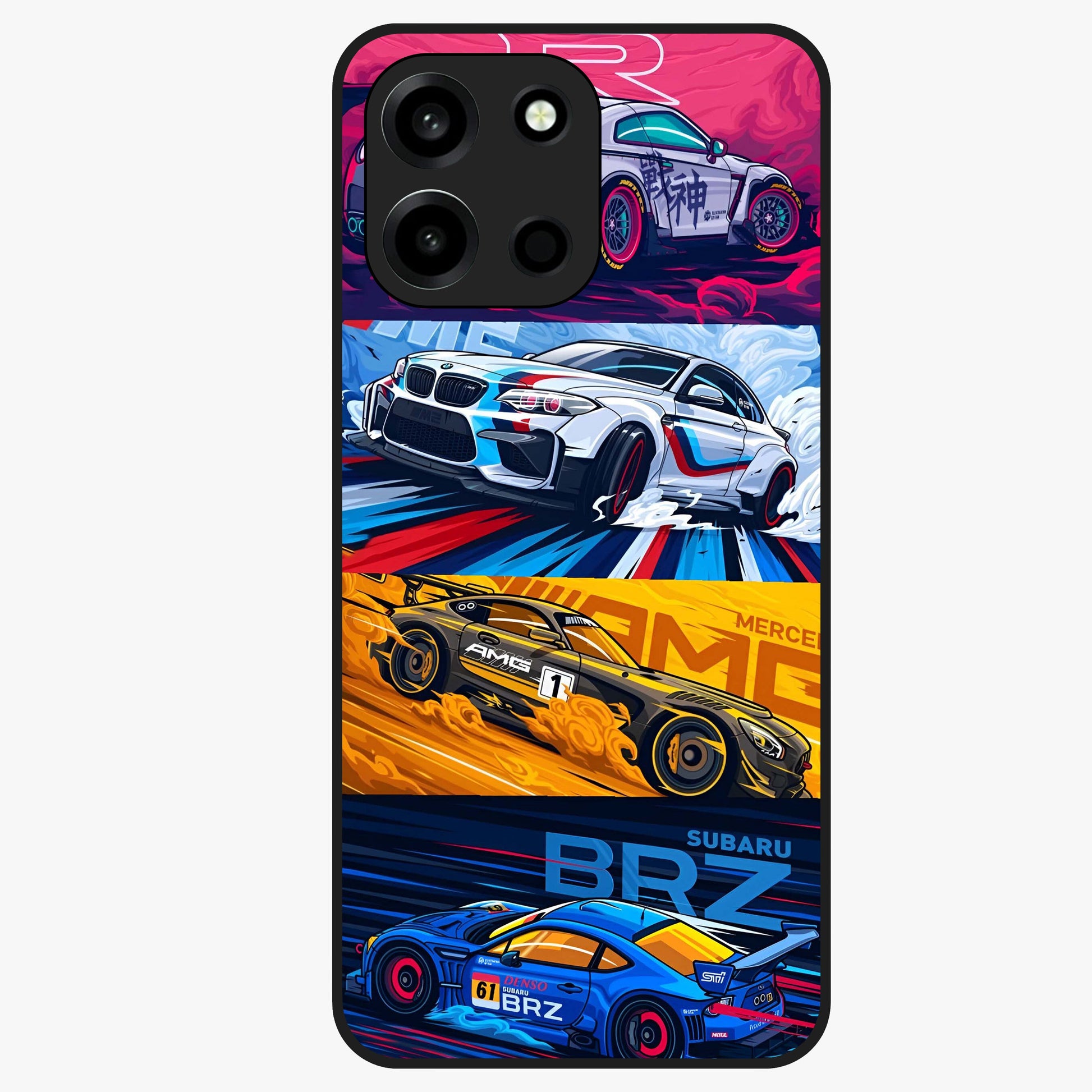 JDM Sports Car Glass Case showing flat back view with high performance sports car artwork and glossy glass finish.