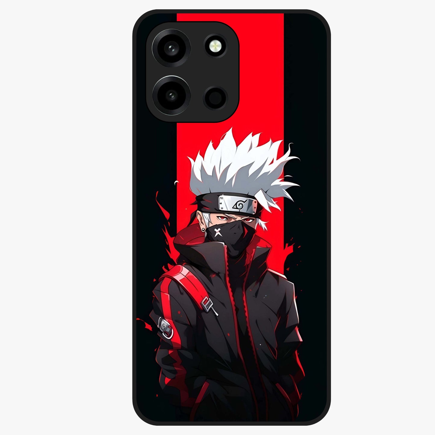 Kakashi Scarlet Shadow Glass Case showing flat back view with powerful anime ninja artwork and glossy glass finish.