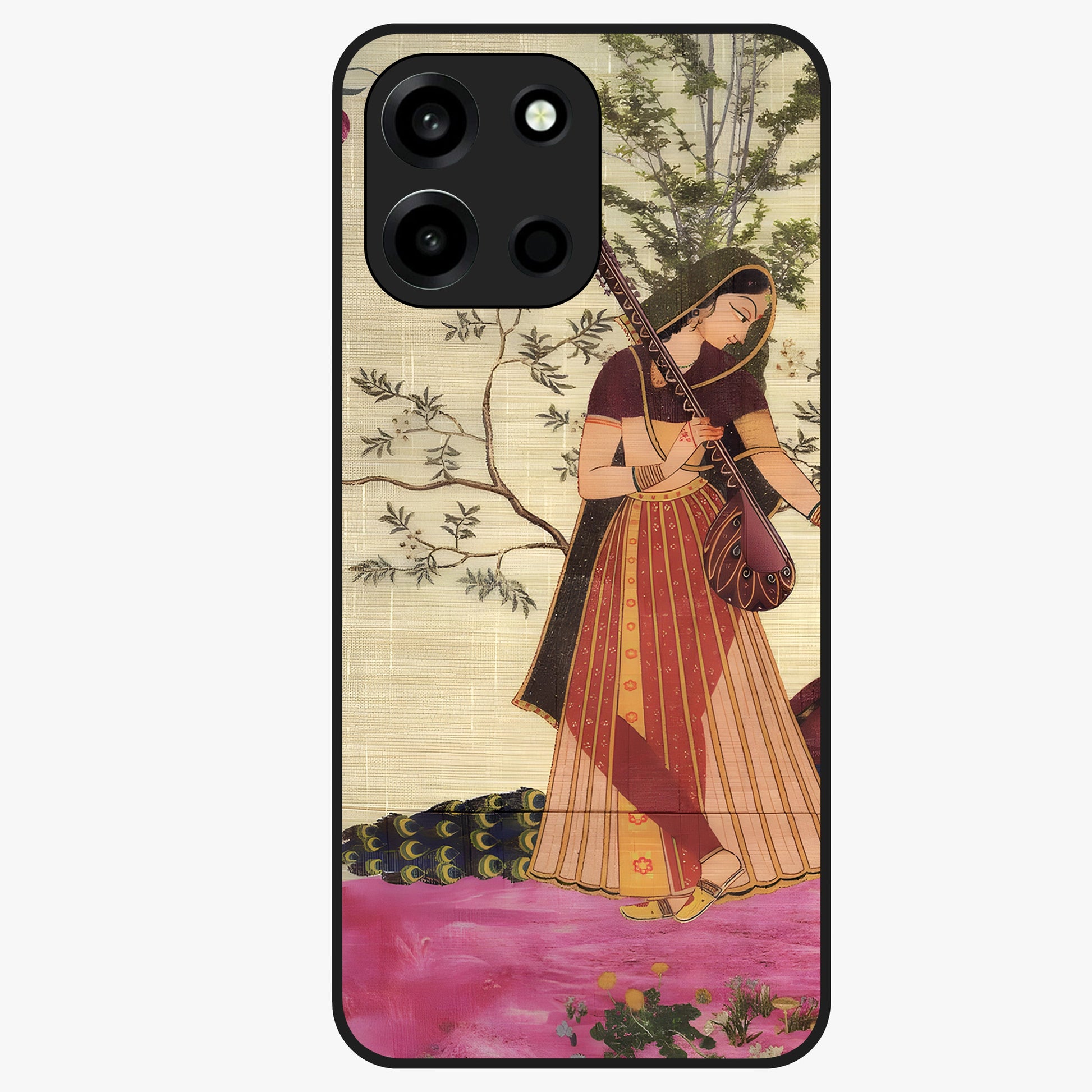 Lady With Veena Art Glass Case showing flat back view with elegant woman playing veena artwork and glossy glass finish.