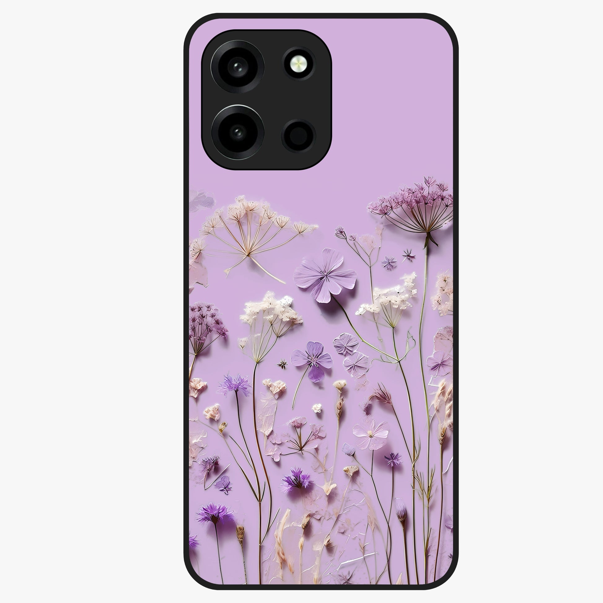 Lavender Blossom Dream Glass Case showing flat back view with soft lavender floral artwork and glossy glass finish.