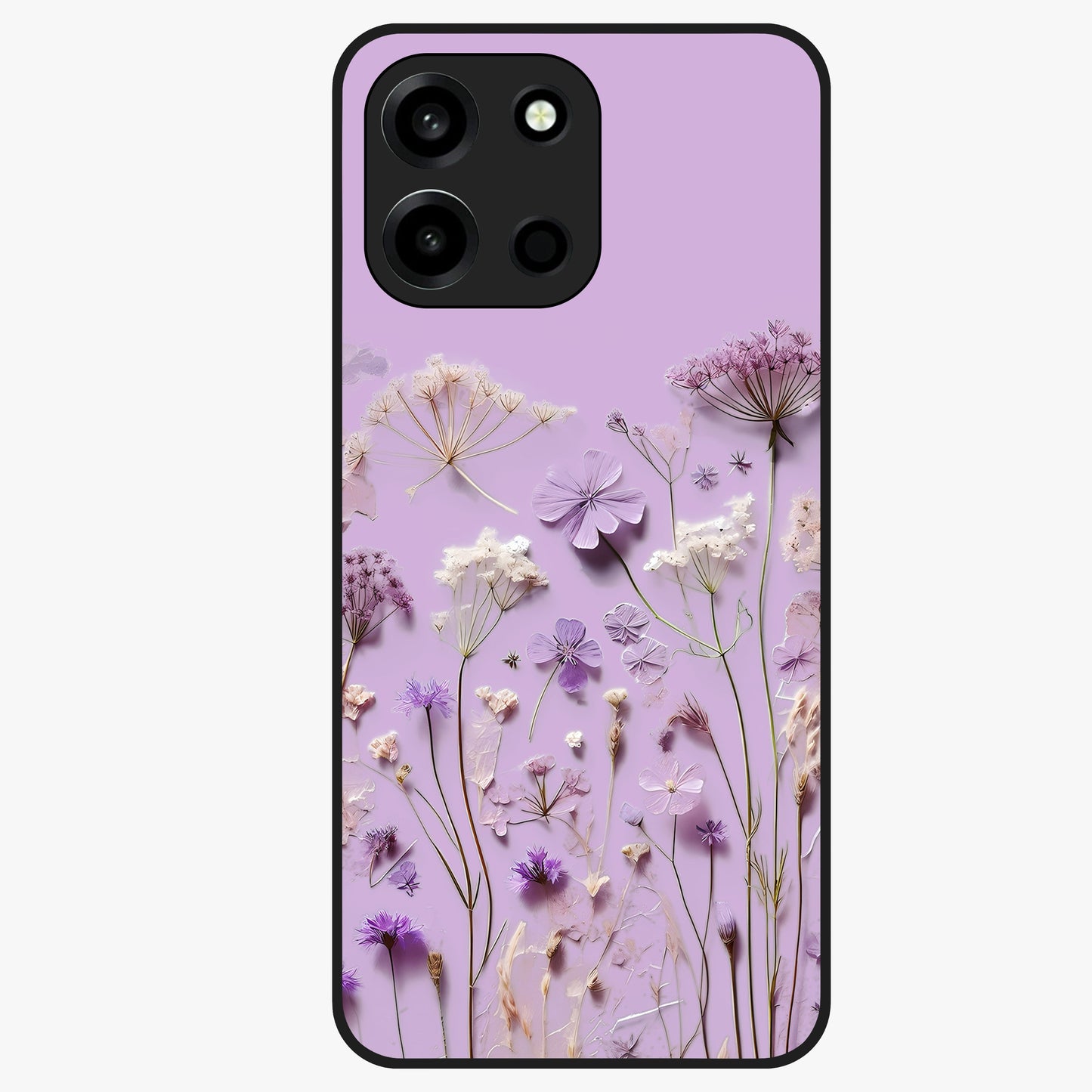 Lavender Blossom Dream Glass Case showing flat back view with soft lavender floral artwork and glossy glass finish.