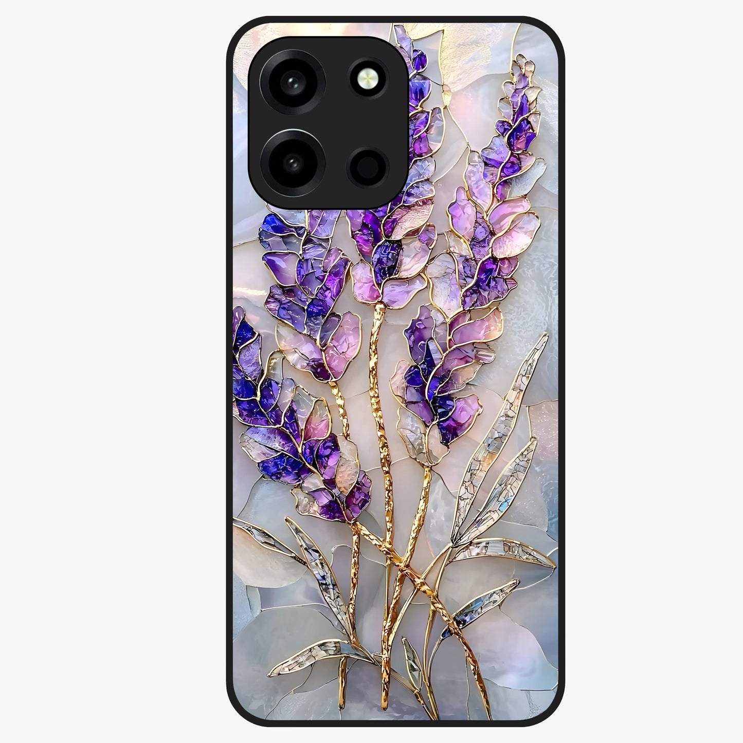 Lavender Dream Glow Glass Case showing flat back view with glowing lavender aesthetic artwork and glossy glass finish.