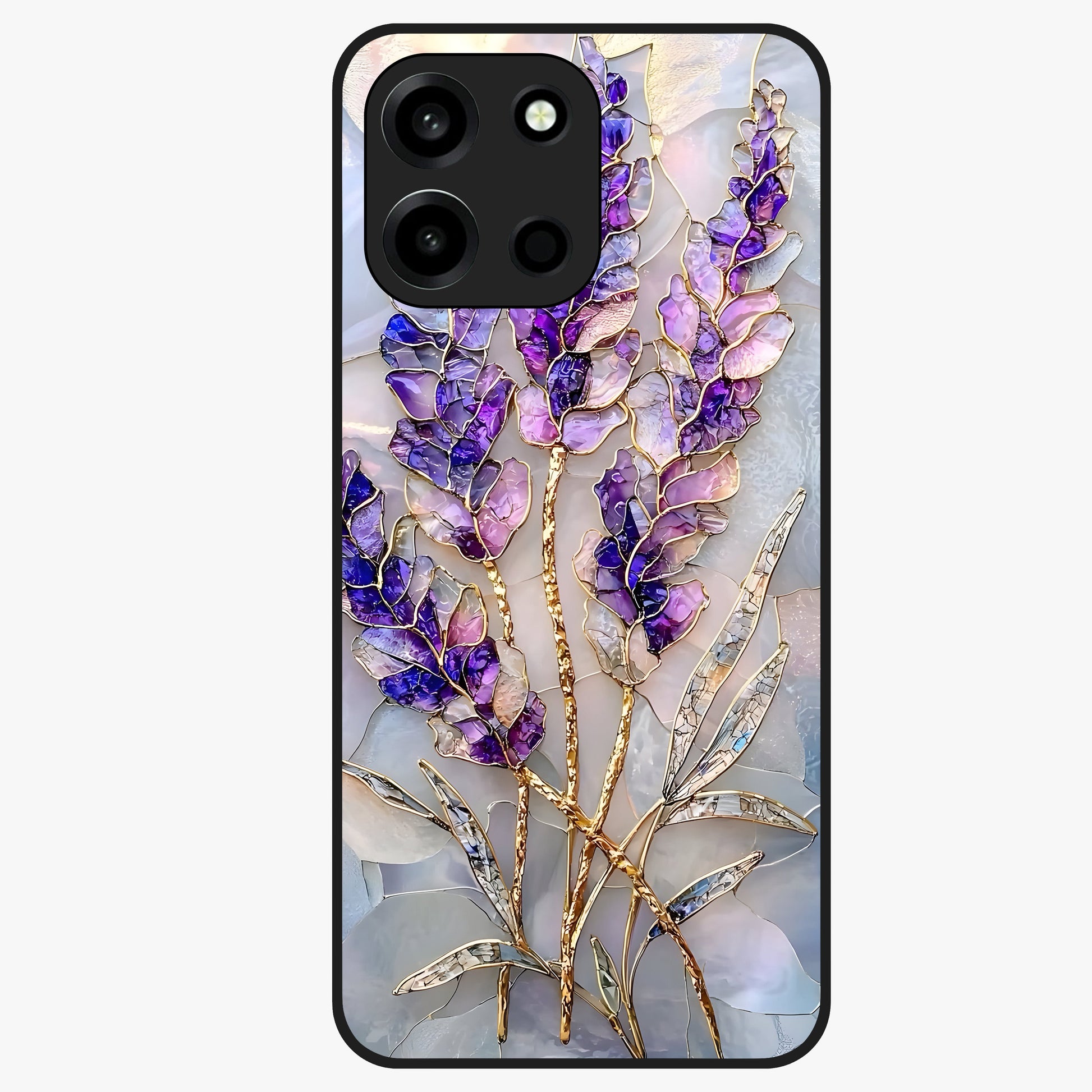Lavender Dream Glow Glass Case showing flat back view with glowing lavender aesthetic artwork and glossy glass finish.