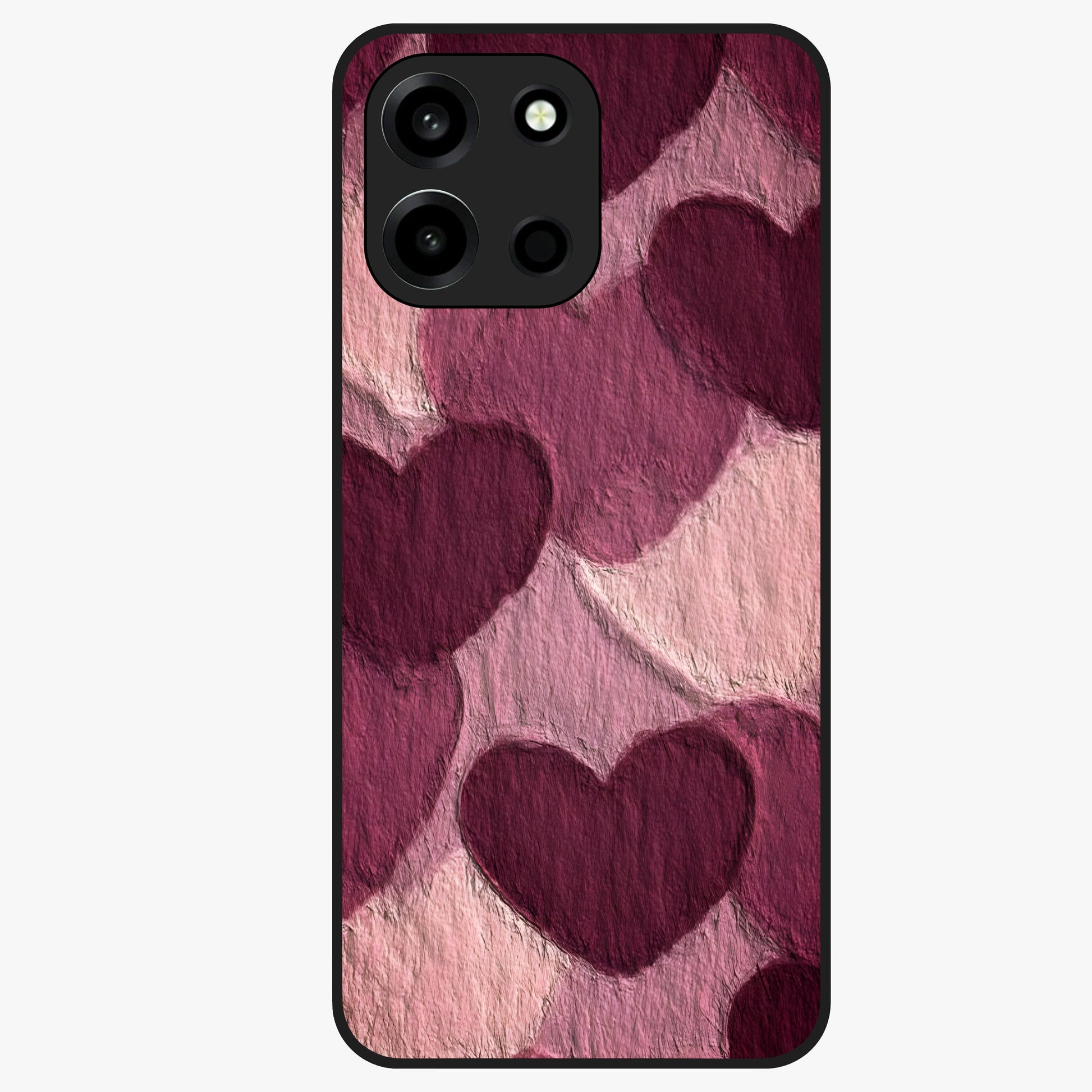 Layered Paper Hearts Glass Case showing flat back view with layered paper heart artwork and glossy glass finish.