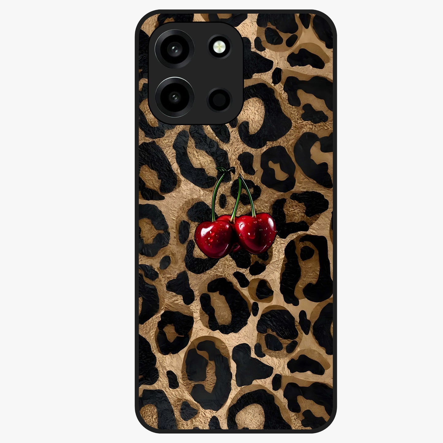 Leopard Wild Cherry Glass Case showing flat back view with leopard pattern and cherry artwork and glossy glass finish.