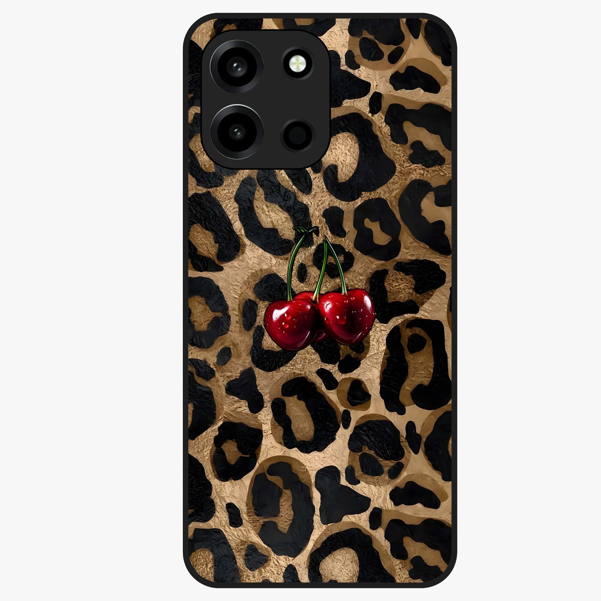 Leopard Wild Cherry Glass Case showing flat back view with leopard pattern and cherry artwork and glossy glass finish.