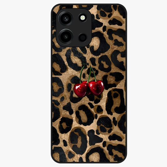 Leopard Wild Cherry Glass Case showing flat back view with leopard pattern and cherry artwork and glossy glass finish.