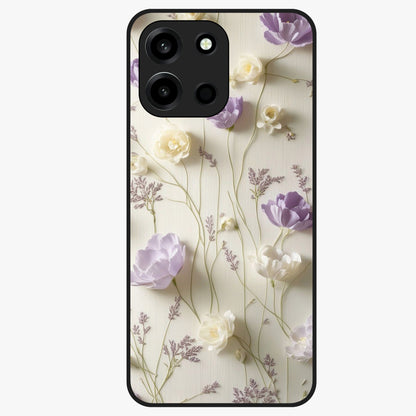 Lilac Breeze Harmony Glass Case showing flat back view with soft lilac themed artwork and glossy glass finish.