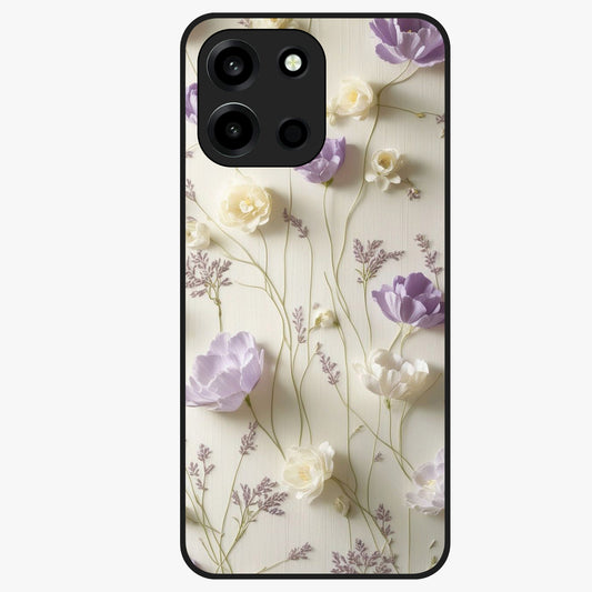 Lilac Breeze Harmony Glass Case showing flat back view with soft lilac themed artwork and glossy glass finish.