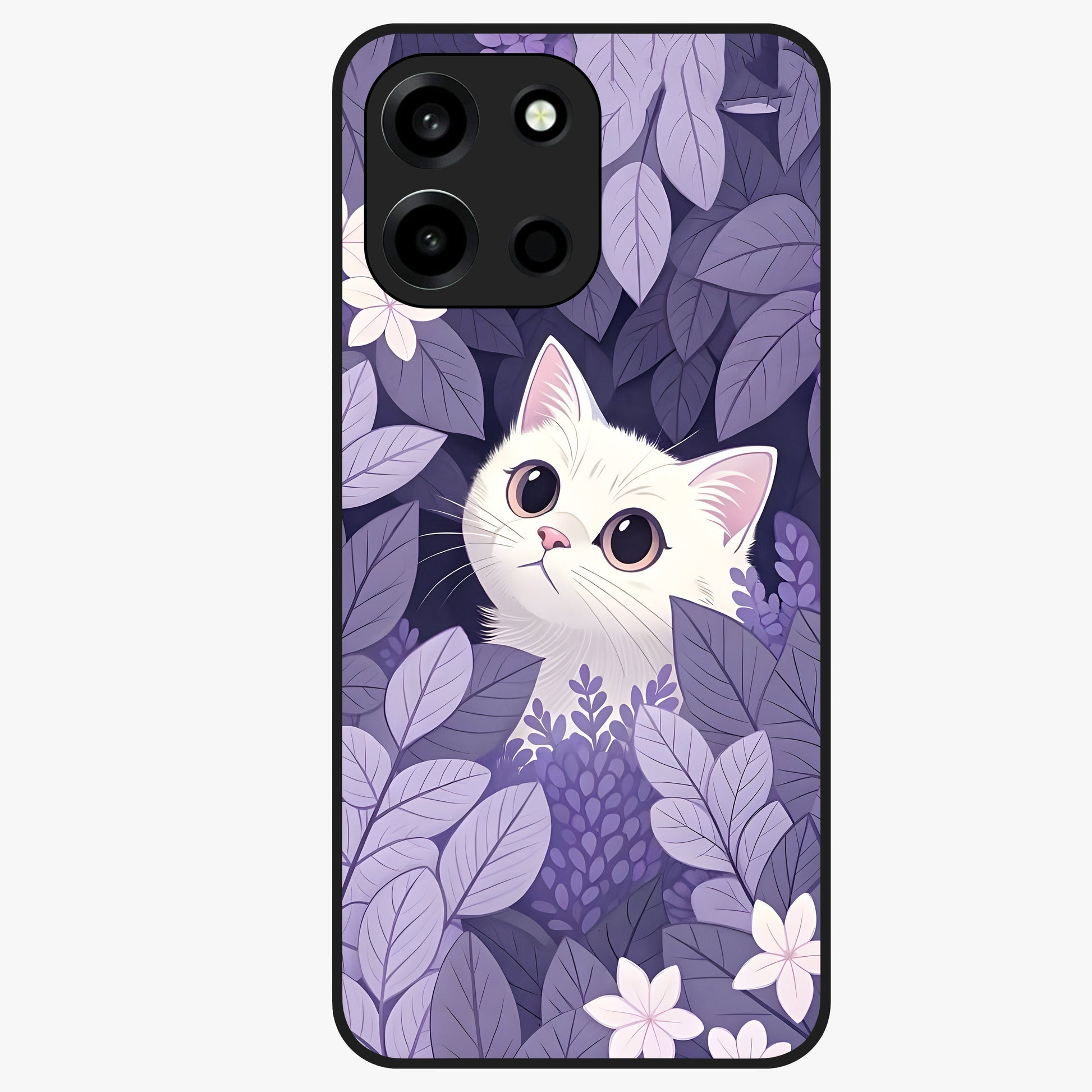 Lilac Hide Peek Cat Glass Case showing flat back view with cute peeking cat artwork and glossy glass finish.