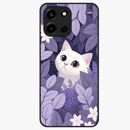 Lilac Hide Peek Cat Glass Case showing flat back view with cute peeking cat artwork and glossy glass finish.