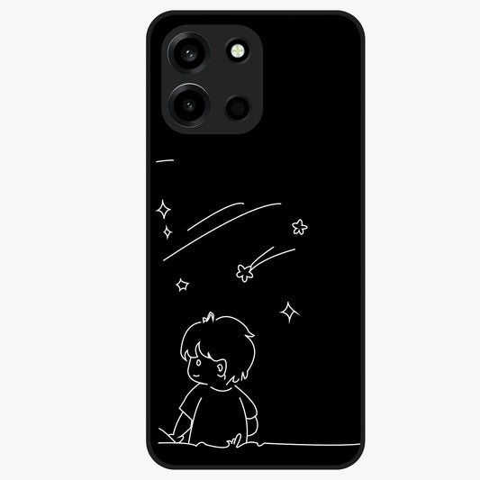 Line Art Boy With Shooting Stars Glass Case showing flat back view with minimal line art boy and shooting stars illustration and glossy glass finish.