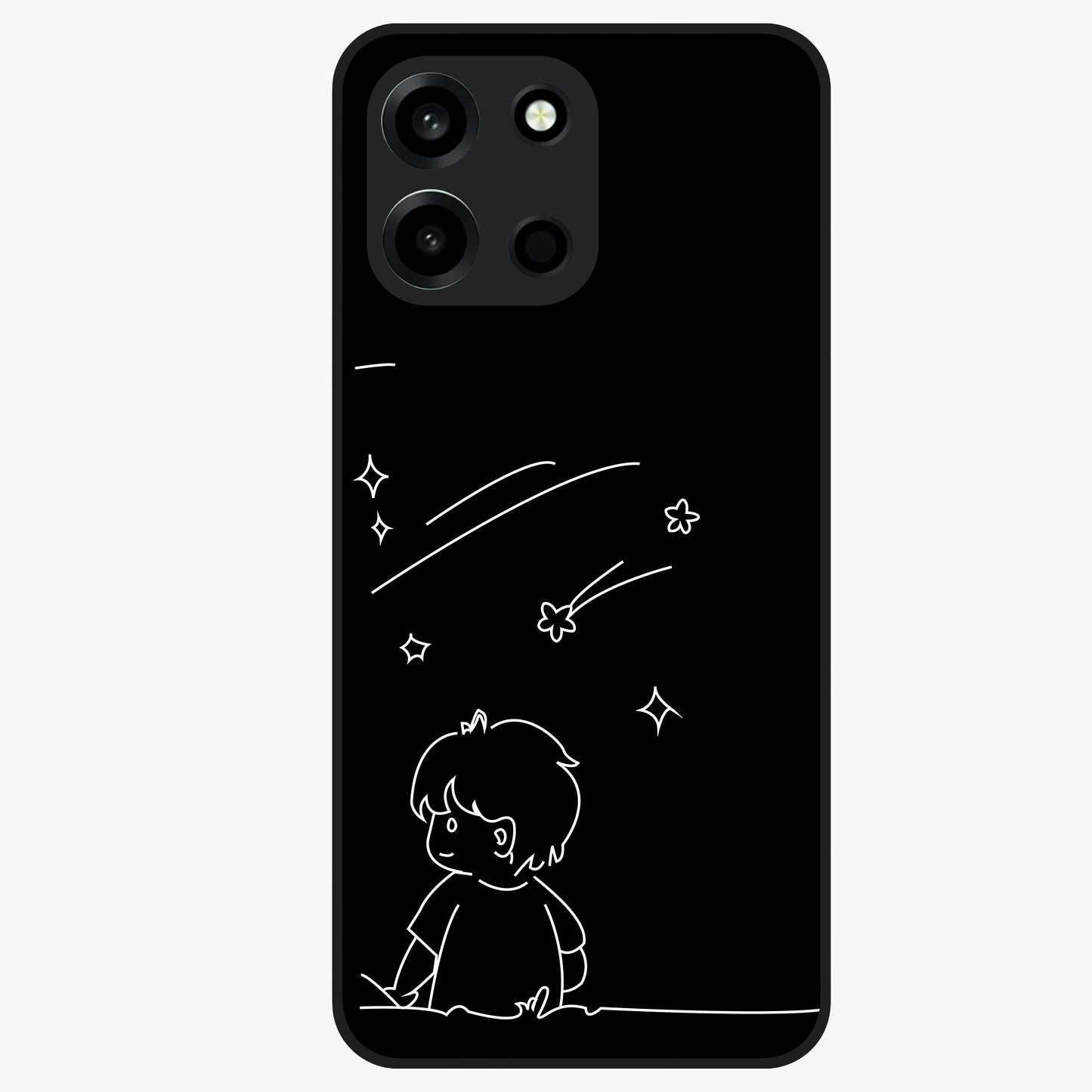 Line Art Boy With Shooting Stars Glass Case showing flat back view with minimal line art boy and shooting stars illustration and glossy glass finish.