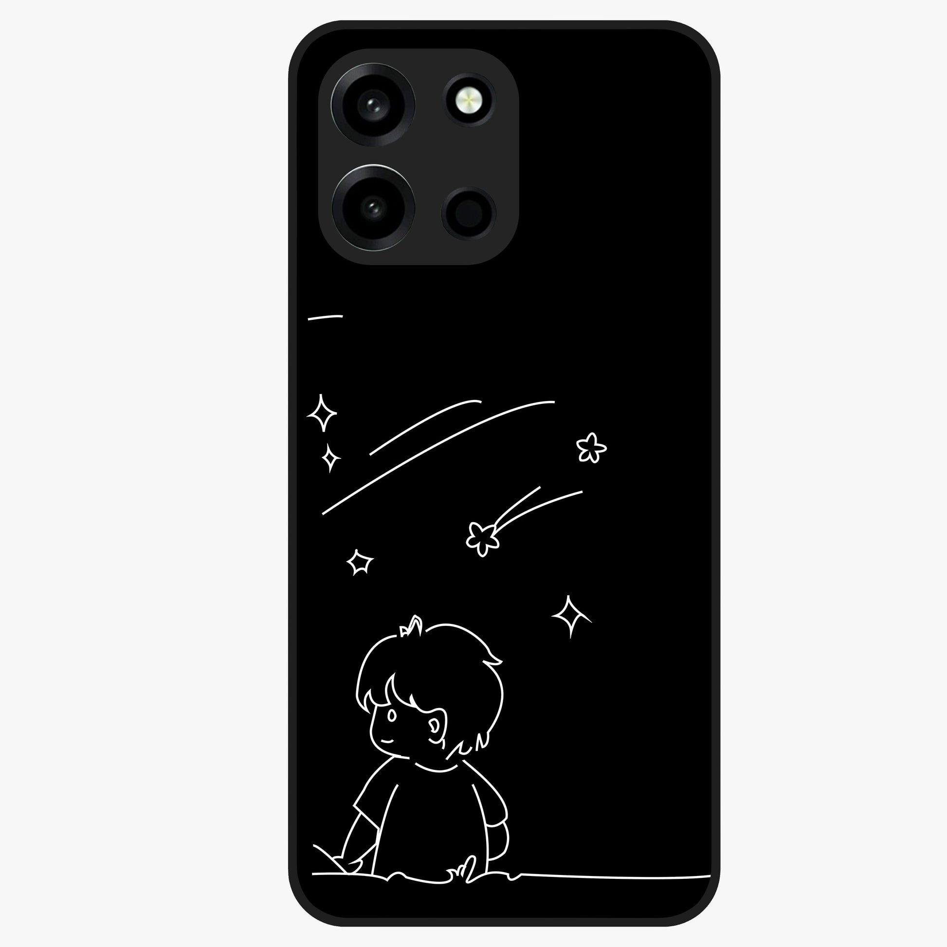 Line Art Boy With Shooting Stars Glass Case showing flat back view with minimal line art boy and shooting stars illustration and glossy glass finish.