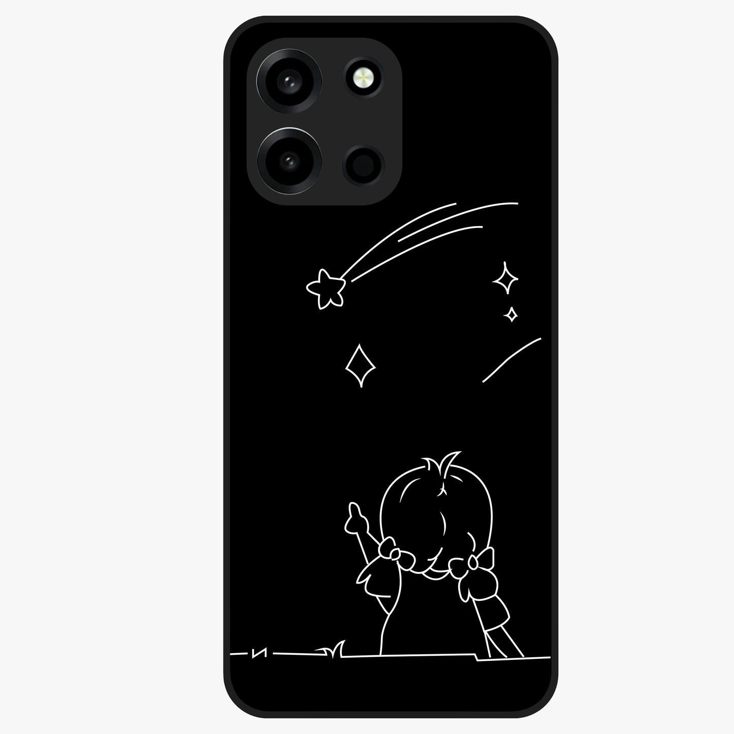 Line Art Girl With Shooting Stars Glass Case showing flat back view with minimal line art girl and shooting stars illustration and glossy glass finish.