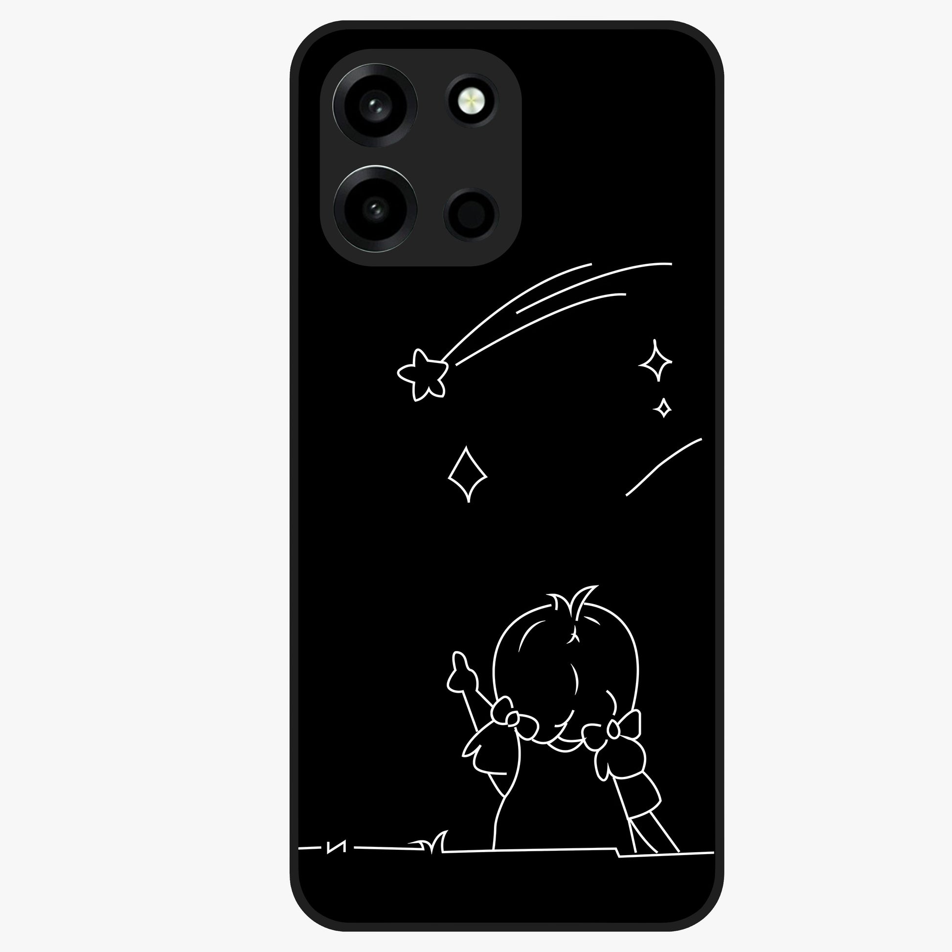 Line Art Girl With Shooting Stars Glass Case showing flat back view with minimal line art girl and shooting stars illustration and glossy glass finish.