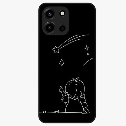 Line Art Girl With Shooting Stars Glass Case showing flat back view with minimal line art girl and shooting stars illustration and glossy glass finish.