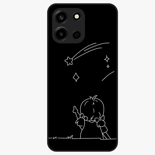 Line Art Girl With Shooting Stars Glass Case showing flat back view with minimal line art girl and shooting stars illustration and glossy glass finish.