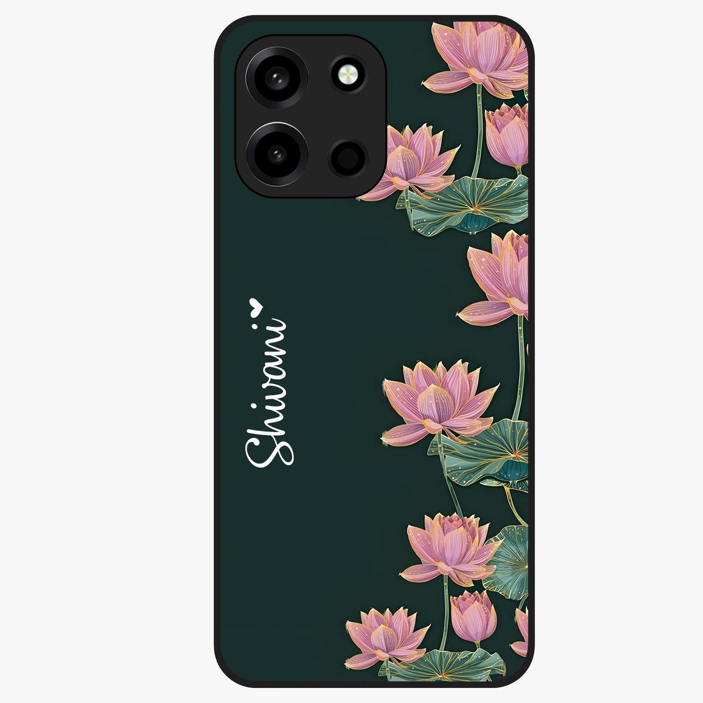 Lotus Bloom Serenity Custom Name Glass Case showing flat back view with elegant lotus flower artwork and personalized name design.