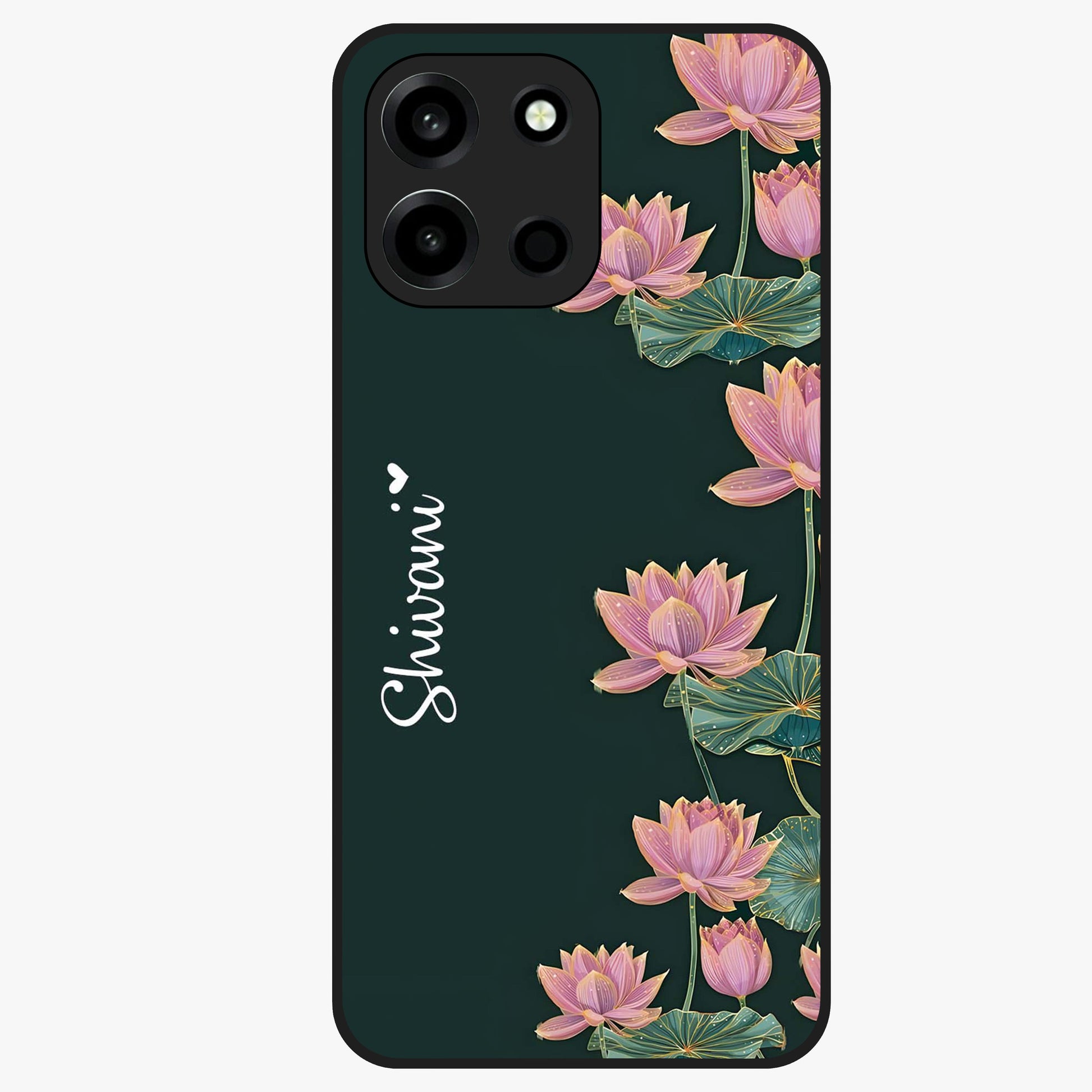 Lotus Bloom Serenity Custom Name Glass Case showing flat back view with elegant lotus flower artwork and personalized name design.