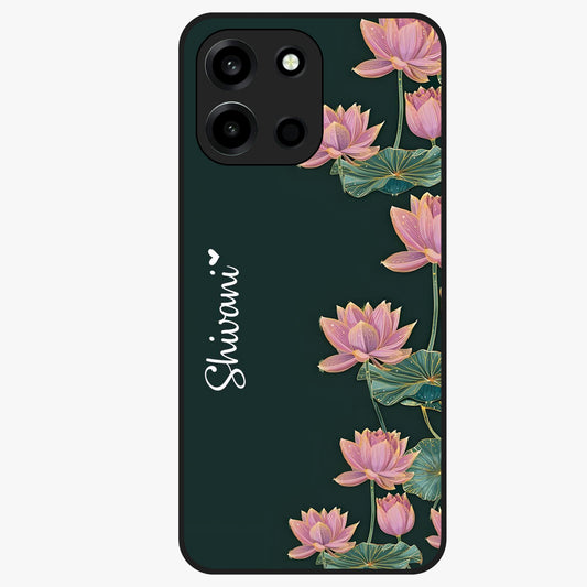 Lotus Bloom Serenity Custom Name Glass Case showing flat back view with elegant lotus flower artwork and personalized name design.