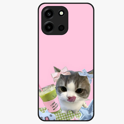Love Matcha Cat Glass Case showing flat back view with cute cat and matcha themed artwork and glossy glass finish.