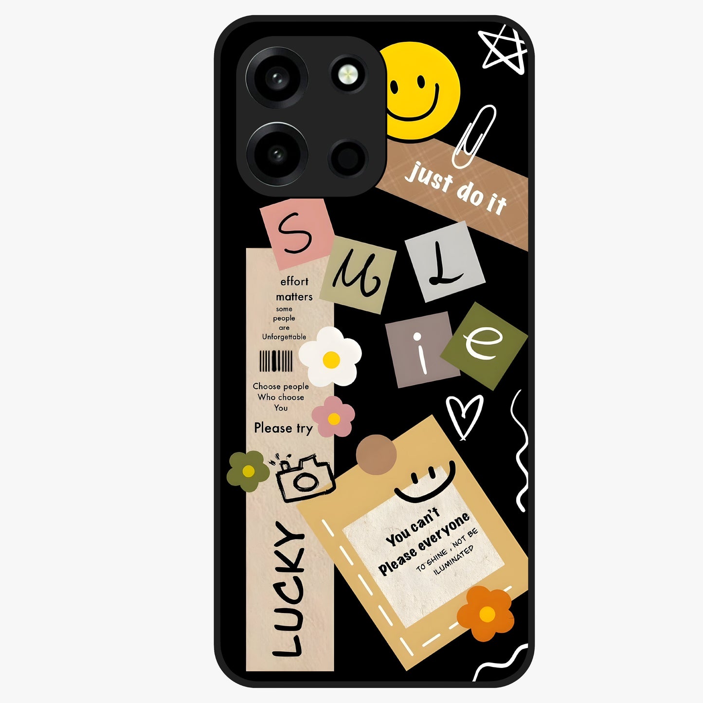 Lucky Aesthetic Collage Glass Case showing flat back view with trendy aesthetic collage artwork and glossy glass finish.