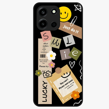 Lucky Aesthetic Collage Glass Case showing flat back view with trendy aesthetic collage artwork and glossy glass finish.