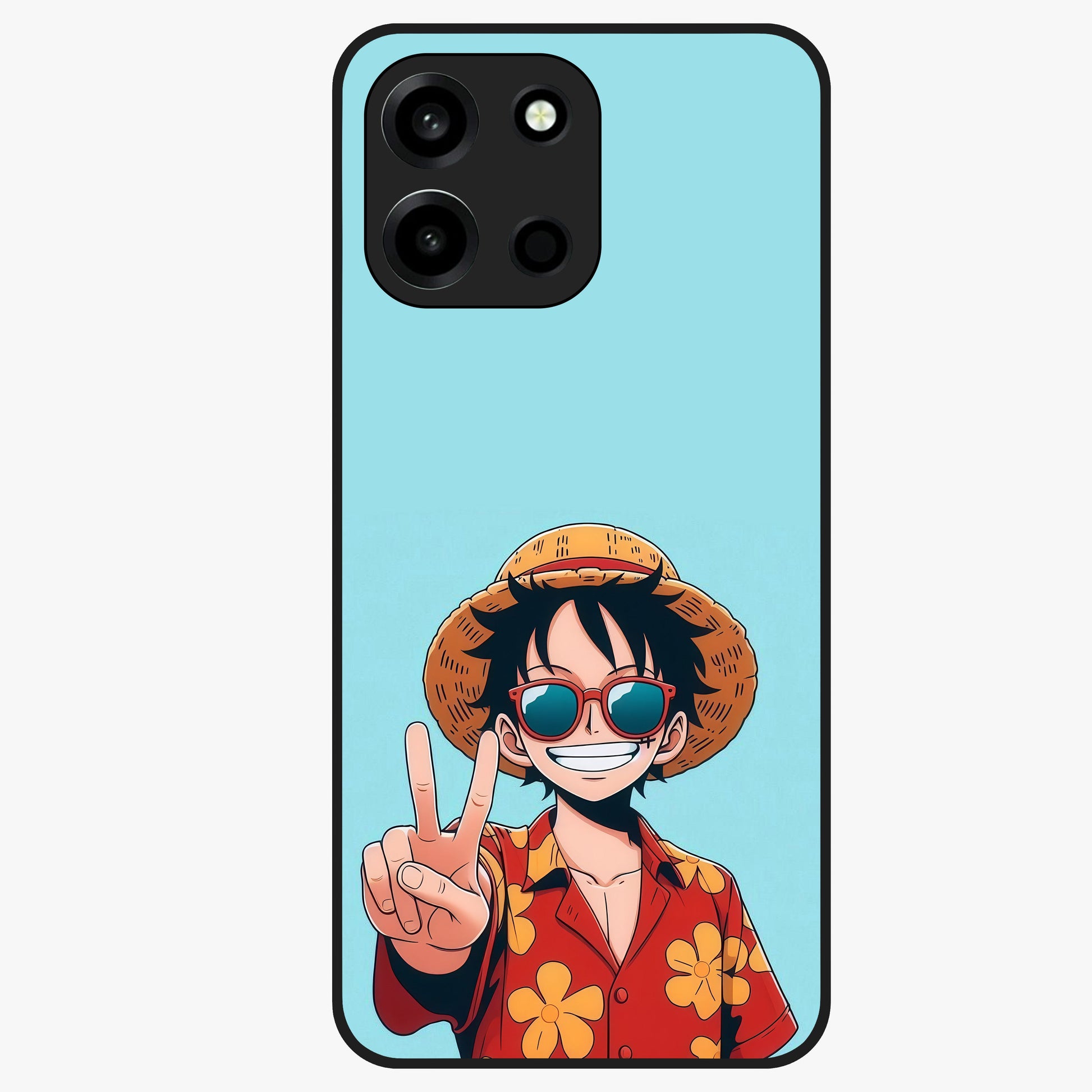 Luffy Summer Anime Vibe Glass Case showing flat back view with vibrant anime character artwork and glossy glass finish.