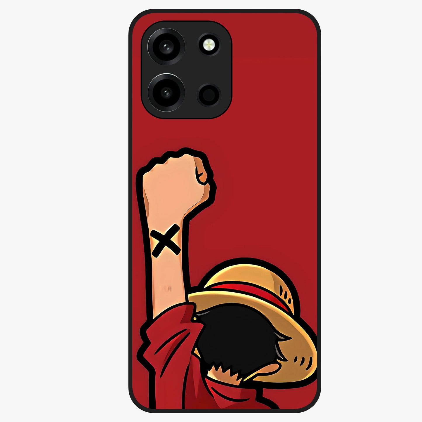 Luffy X Spirit Glass Case showing flat back view with bold anime character artwork and glossy glass finish.