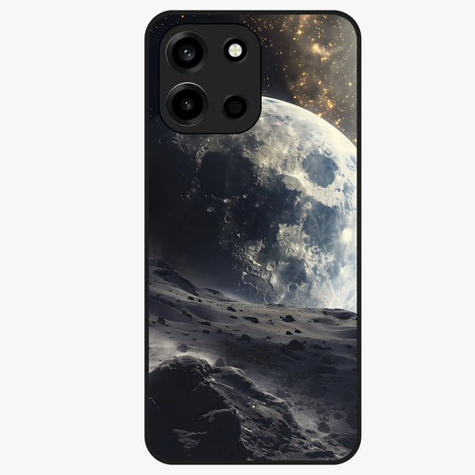 Lunar Horizon Glow Glass Case showing flat back view with glowing moon horizon artwork and glossy glass finish.