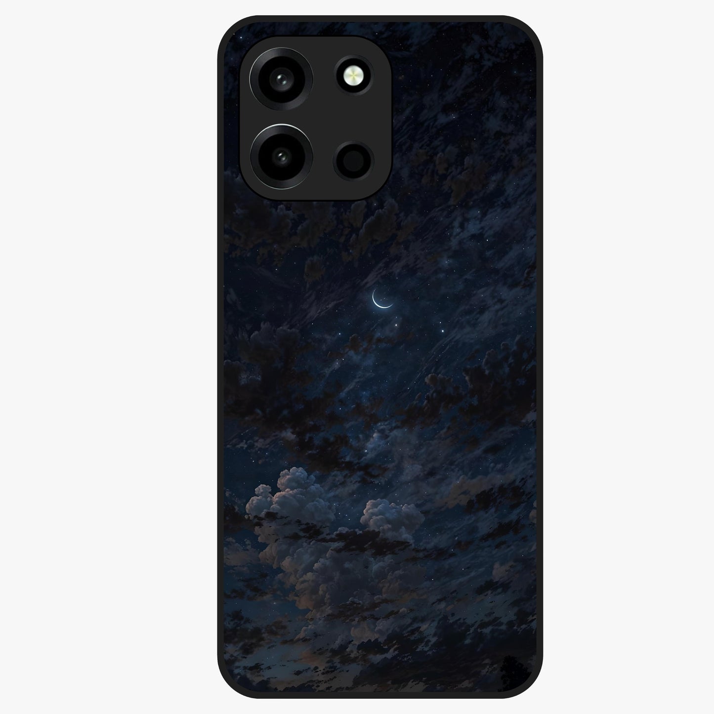 Lunar Veil Silence Glass Case showing flat back view with mystical moon veil artwork and glossy glass finish.
