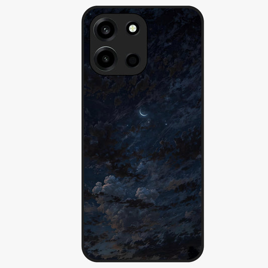 Lunar Veil Silence Glass Case showing flat back view with mystical moon veil artwork and glossy glass finish.