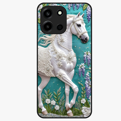 Majestic Floral Stallion Glass Case showing flat back view with powerful horse and floral artwork and glossy glass finish.